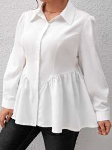 SHEIN Privé Plus Puff Sleeve Peplum Shirt - White - View 3