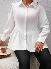 SHEIN Privé Plus Puff Sleeve Peplum Shirt - White - View 4
