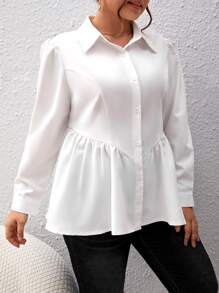 SHEIN Privé Plus Puff Sleeve Peplum Shirt - White - View 5
