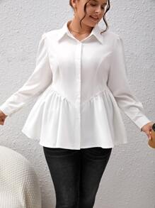 SHEIN Privé Plus Puff Sleeve Peplum Shirt - White - View 6