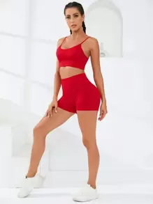 Easithlete Solid Ribbed Knit Sports Set - Red - View 2