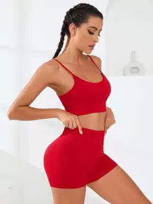 Easithlete Solid Ribbed Knit Sports Set - Red - View 4