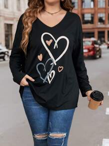 SHEIN LUNE 大碼愛心圖案落肩T恤 - 黑色 - 查看 1