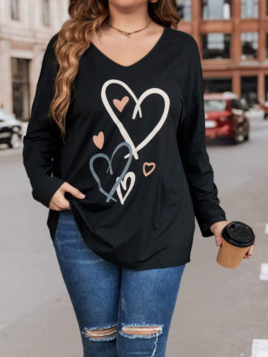 SHEIN LUNE 大碼愛心圖案落肩T恤 - 黑色 - 查看 1