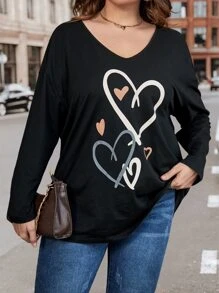 SHEIN LUNE 大碼愛心圖案落肩T恤 - 黑色 - 查看 4