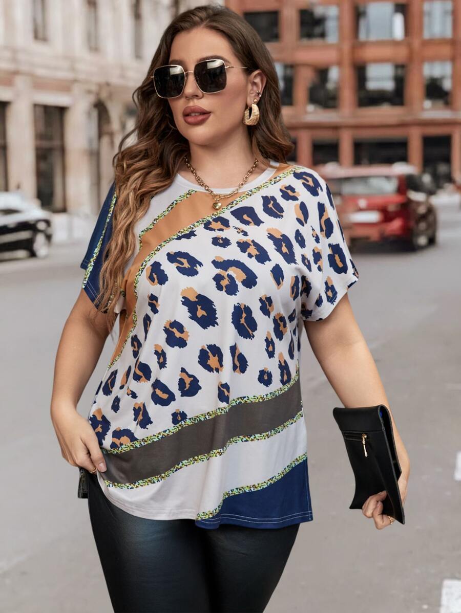 SHEIN LUNE Plus Leopard Print Batwing Sleeve Tee - Multicolor - View 1