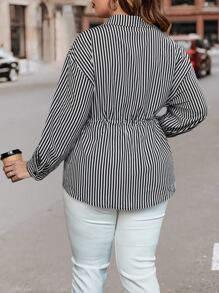 Flirla Plus Striped Print Drawstring Waist Drop Shoulder Shirt - Black and White - View 2