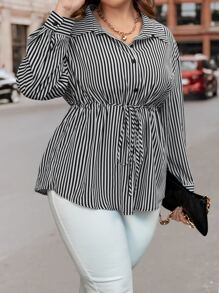 Flirla Plus Striped Print Drawstring Waist Drop Shoulder Shirt - Black and White - View 3