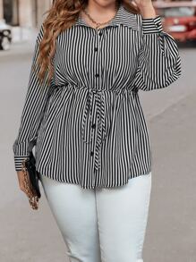 Flirla Plus Striped Print Drawstring Waist Drop Shoulder Shirt - Black and White - View 4