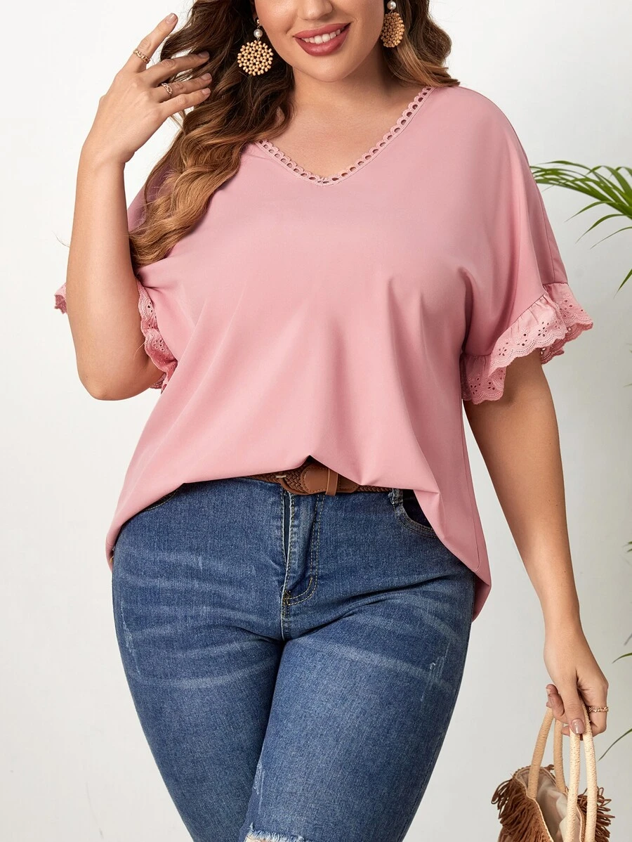 SHEIN LUNE Plus Schiffy Trim Batwing Sleeve Blouse - Pink - View 1