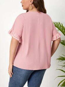 SHEIN LUNE Plus Schiffy Trim Batwing Sleeve Blouse - Pink - View 2