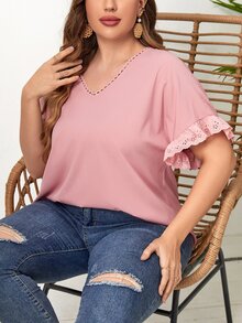 SHEIN LUNE Plus Schiffy Trim Batwing Sleeve Blouse - Pink - View 3