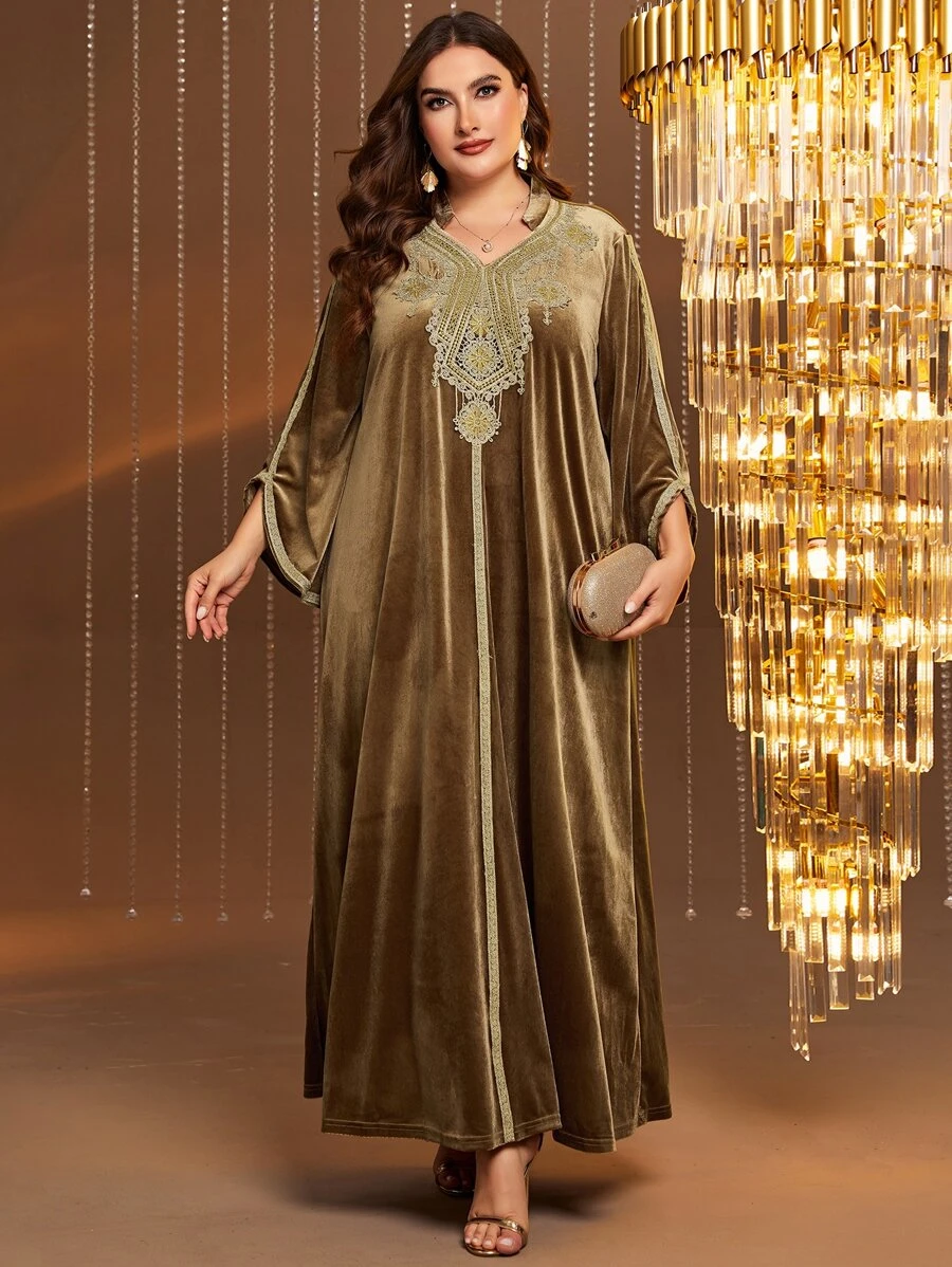 Al Najma Plus Guipure Lace Appliques Trumpet Sleeve Flannelette Dress - Brown - View 1