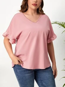 SHEIN LUNE Plus Schiffy Trim Batwing Sleeve Blouse - Pink - View 4