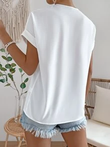 SHEIN LUNE Blusa panel con encaje en contraste de manga murciélago - Blanco - Ver 2
