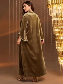 Al Najma Plus Guipure Lace Appliques Trumpet Sleeve Flannelette Dress - Brown - View 2