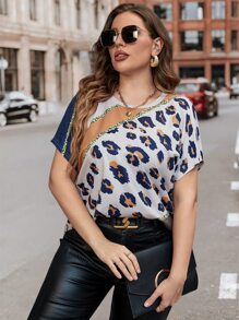 SHEIN LUNE Plus Leopard Print Batwing Sleeve Tee - Multicolor - View 5