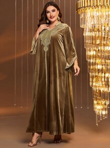 Al Najma Plus Guipure Lace Appliques Trumpet Sleeve Flannelette Dress - Brown - View 4