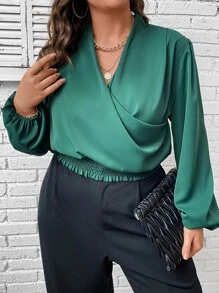 Celure Plus Surplice Neck Lantern Sleeve Blouse - Dark Green - View 2