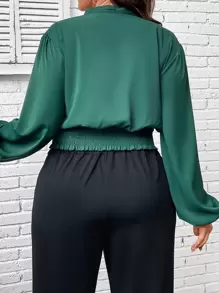 Celure Plus Surplice Neck Lantern Sleeve Blouse - Dark Green - View 3