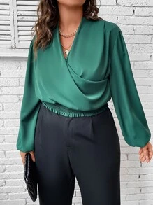 Celure Plus Surplice Neck Lantern Sleeve Blouse - Dark Green - View 4
