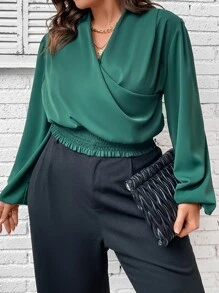 Celure Plus Surplice Neck Lantern Sleeve Blouse - Dark Green - View 1