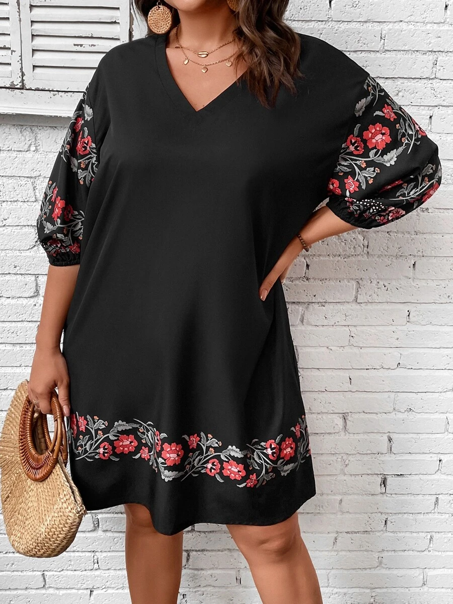 SHEIN LUNE Plus Floral Print Lantern Sleeve Tunic Dress - Black - View 1