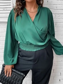Celure Plus Surplice Neck Lantern Sleeve Blouse - Dark Green - View 7
