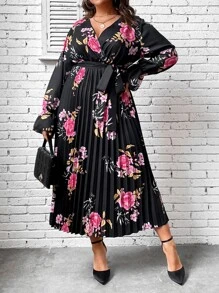 SHEIN Clasi 大碼印花荷葉袖交叉領百褶下擺繫腰帶連衣裙 - 彩色 - 查看 3