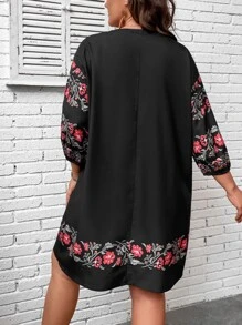 SHEIN LUNE Plus Floral Print Lantern Sleeve Tunic Dress - Black - View 2