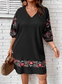 SHEIN LUNE Plus Floral Print Lantern Sleeve Tunic Dress - Black - View 3