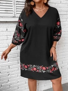 SHEIN LUNE Plus Floral Print Lantern Sleeve Tunic Dress - Black - View 5