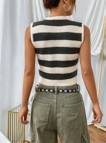 SHEIN EZwear Striped Pattern Mock Neck Crop Tank Top - Grey - View 2
