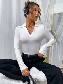 SHEIN Essnce Solid Ribbed Knit Bodysuit - White - View 3