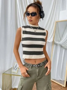 SHEIN EZwear Striped Pattern Mock Neck Crop Tank Top - Grey - View 3