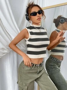 SHEIN EZwear Striped Pattern Mock Neck Crop Tank Top - Grey - View 6