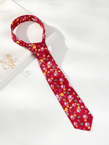 Men Christmas Santa Claus & Tree Pattern Tie - Burgundy - View 3