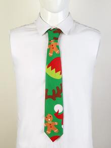 Men Christmas Gingerbread Pattern Tie - Green - View 2