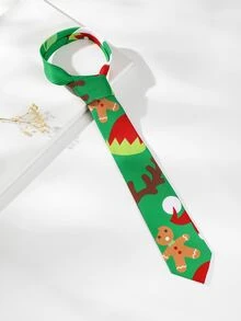 Men Christmas Gingerbread Pattern Tie - Green - View 3