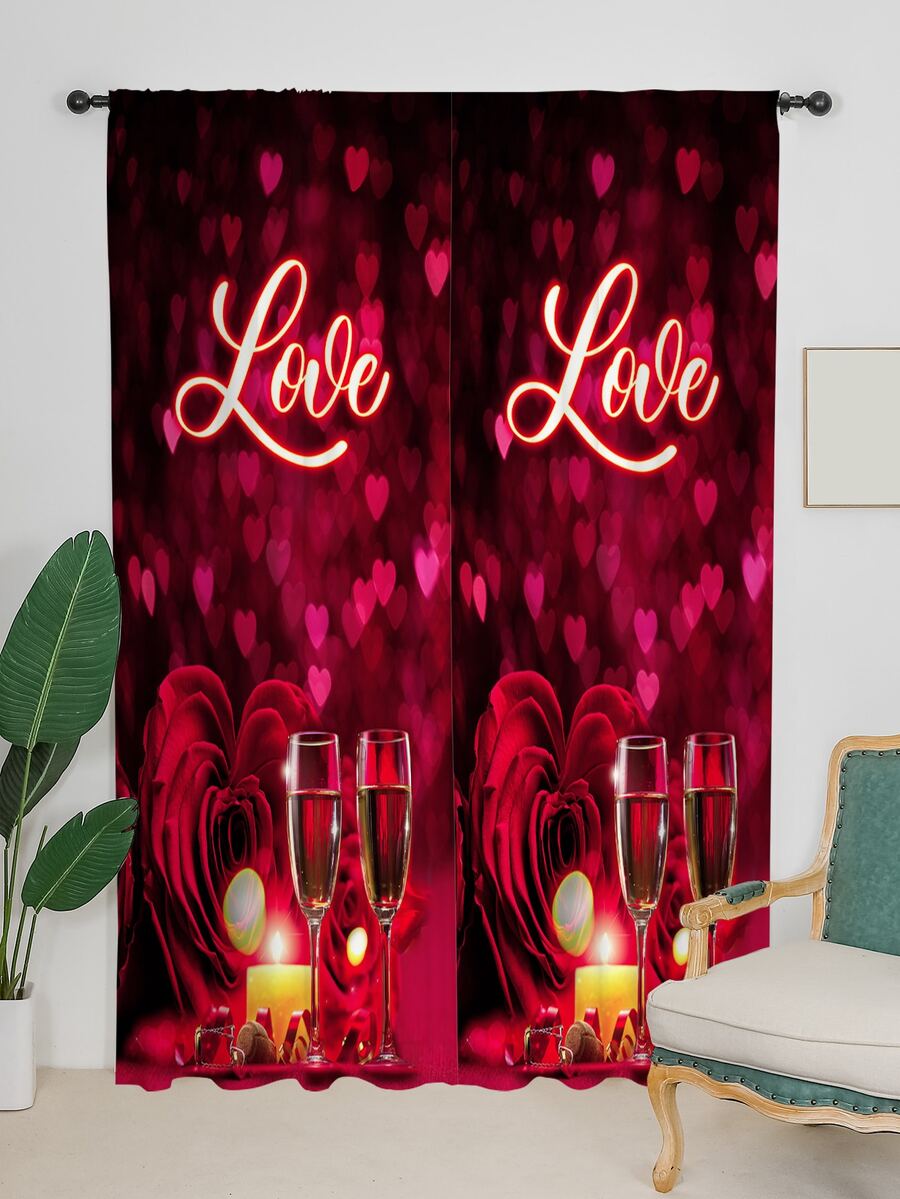 Cortina una sola pieza con estampado de corazón y letra - Multicolor - Ver 1