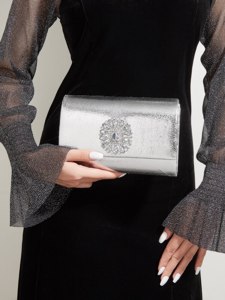 Bolsa cuadrada mini de color metálico con diseño de diamante de imitación - Plateado - Ver 1