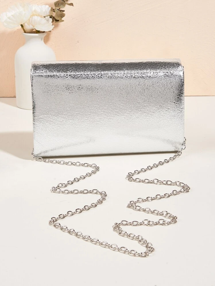 Bolsa cuadrada mini de color metálico con diseño de diamante de imitación - Plateado - Ver 6