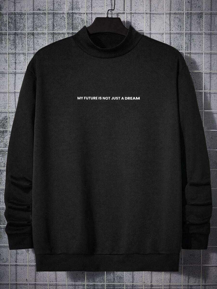 Manfinity RebelGame Men Plus Slogan Graphic Mock Neck Sweatshirt - Black - View 1