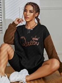 SHEIN EZwear Crown & Letter Graphic Drop Shoulder Thermal Lined Sweatshirt - Black - View 1