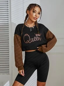 SHEIN EZwear Crown & Letter Graphic Drop Shoulder Thermal Lined Sweatshirt - Black - View 4