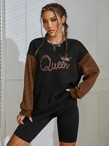 SHEIN EZwear Crown & Letter Graphic Drop Shoulder Thermal Lined Sweatshirt - Black - View 5