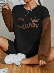 SHEIN EZwear Crown & Letter Graphic Drop Shoulder Thermal Lined Sweatshirt - Black - View 6