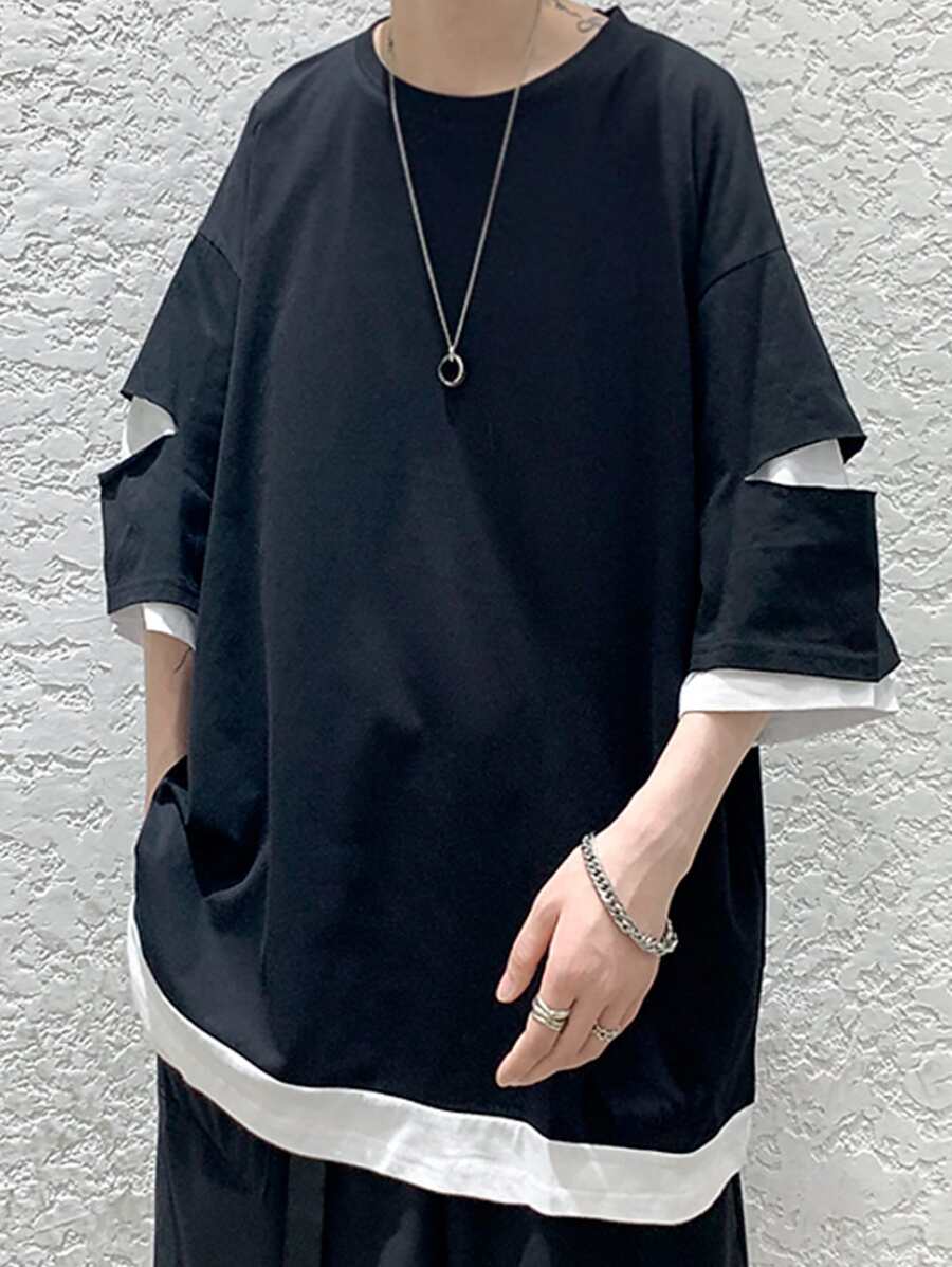 Manfinity Hypemode Loose-Fit Men's 2 In 1 Ripped Detail Drop Shoulder T-Shirt - Black - View 1