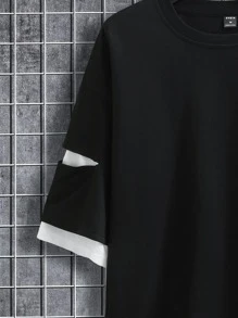 Manfinity Hypemode Loose-Fit Men's 2 In 1 Ripped Detail Drop Shoulder T-Shirt - Black - View 4