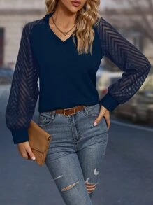 SHEIN LUNE Contrast Mesh Raglan Sleeve Blouse